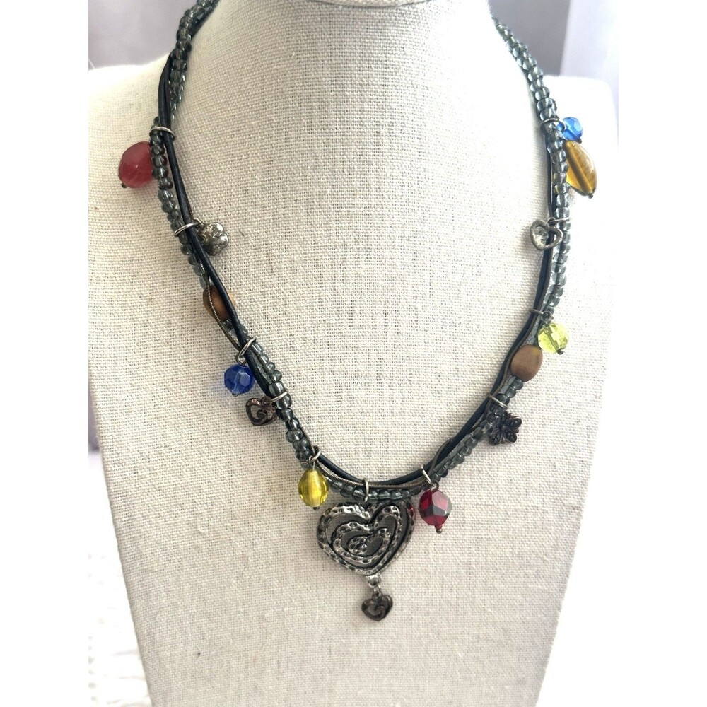 Boho Layered Heart Charm Necklace Seed Beads Leather Cord Multicolor 16-19”